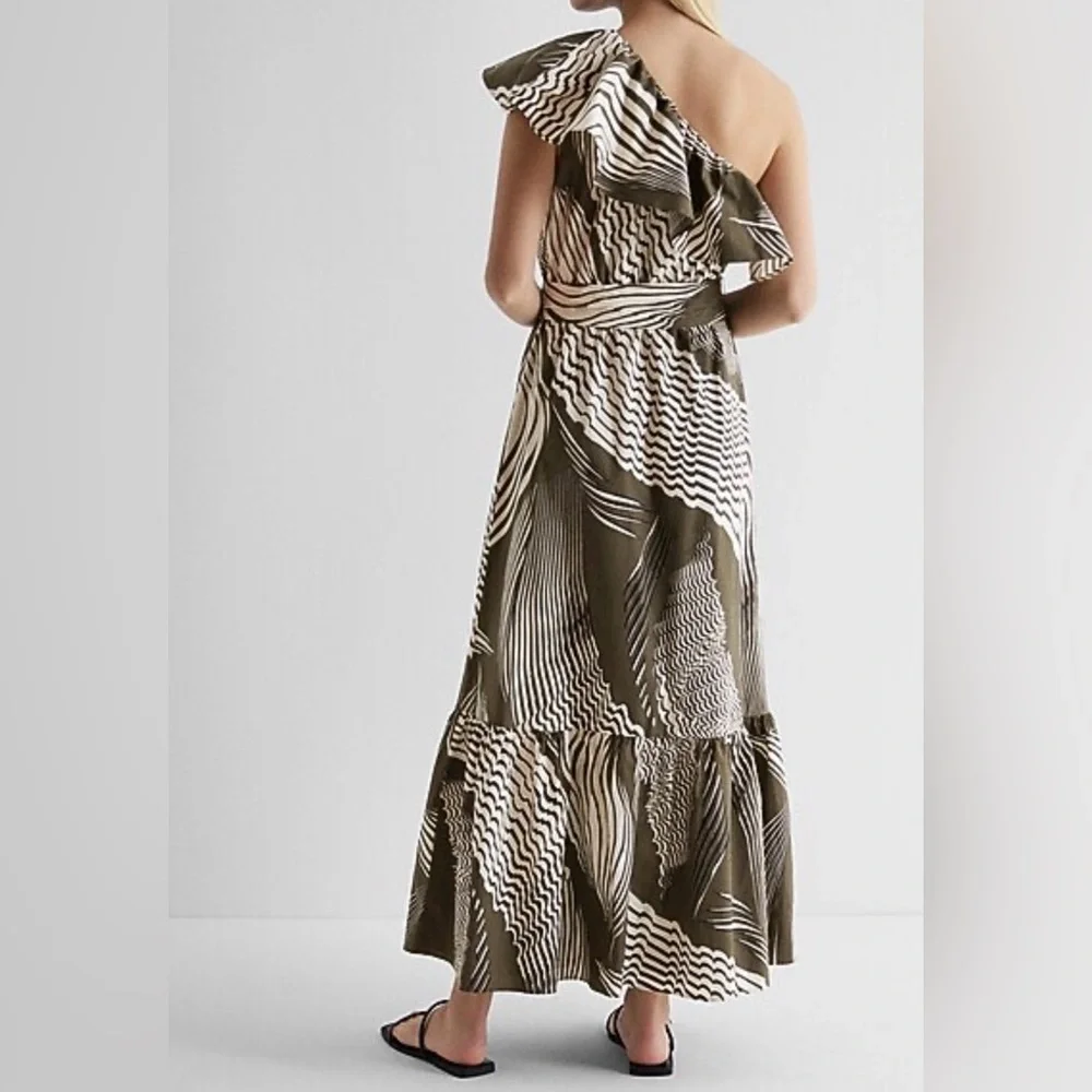 Express Printed One Shoulder Ruffle Tie Waist Poplin Maxi Dress - Picture 3 of 9